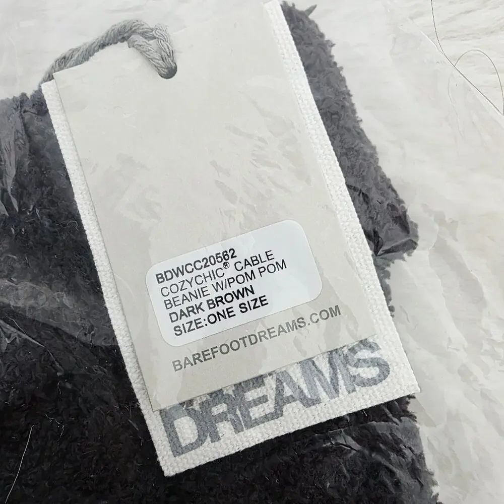Barefoot Dreams CozyChic Cable Knit Pom Pom Beanie Dark Brown NWT BDWCC20562 OS